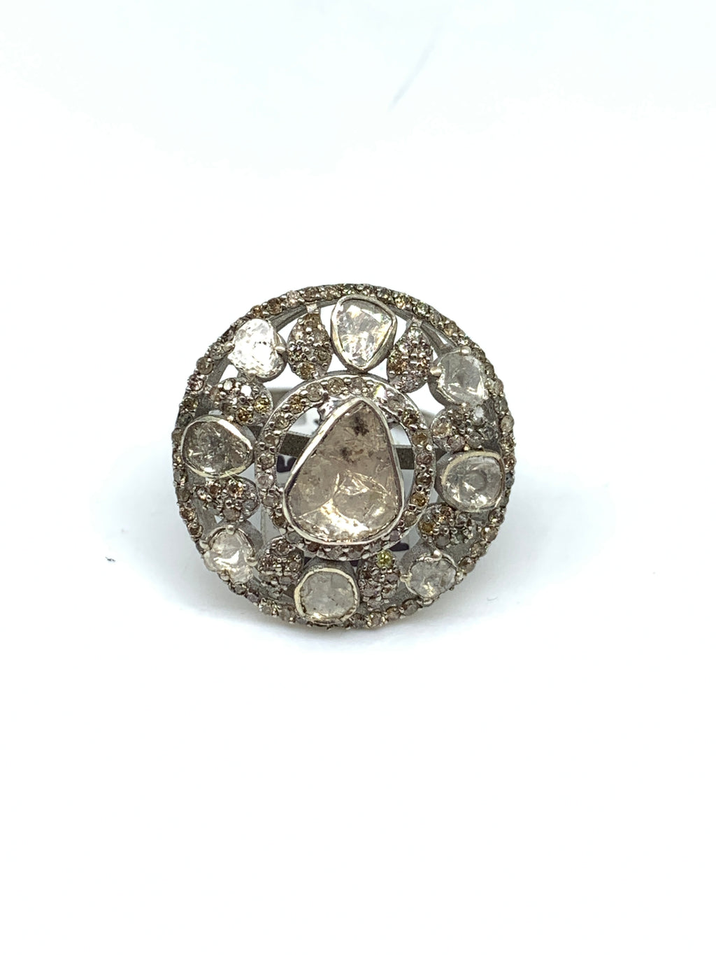 Diamond Polki & Diamond Ring in 925 Sterling Silver | Luxury Handmade Jewellery