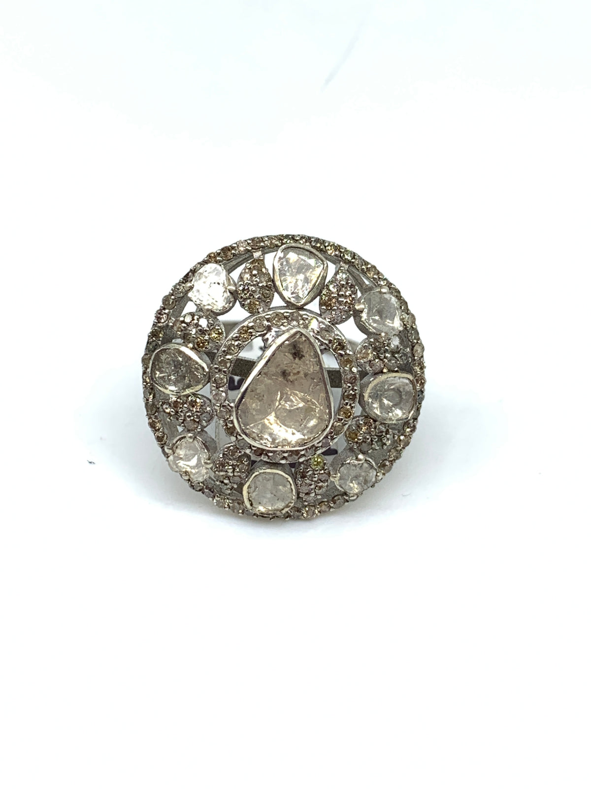 Diamond Polki & Diamond Ring in 925 Sterling Silver | Luxury Handmade Jewellery