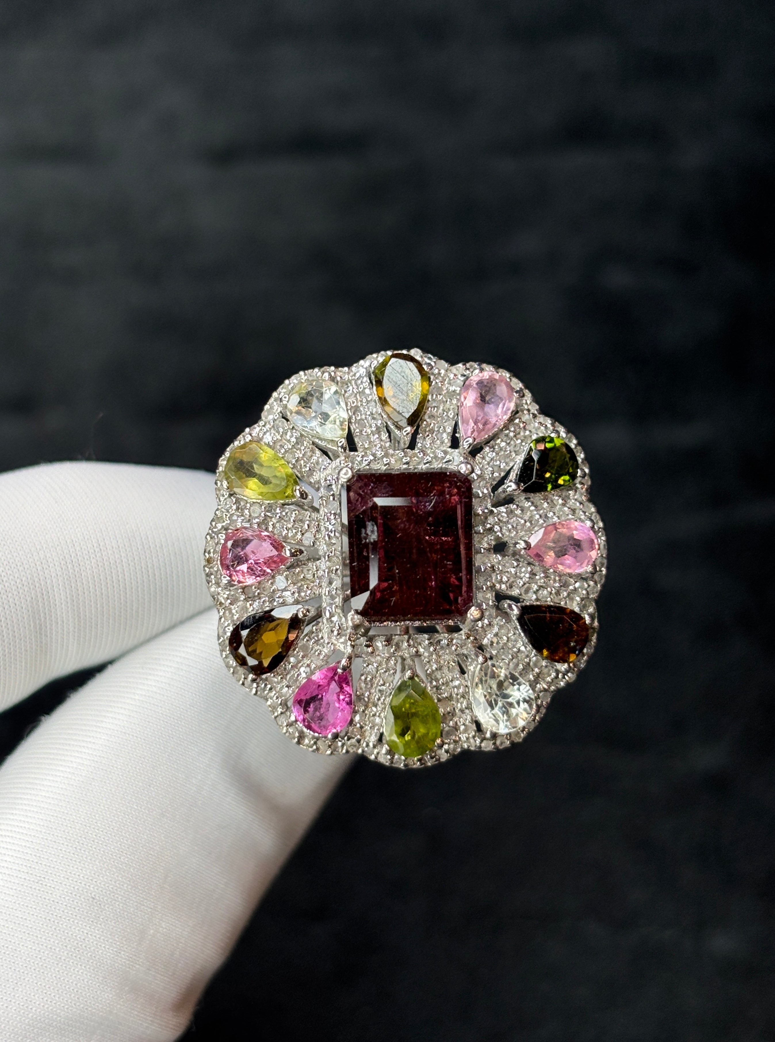 4 CT Natural Tourmaline & Multi-Tourmaline Diamond Statement Ring – 925 Sterling Silver