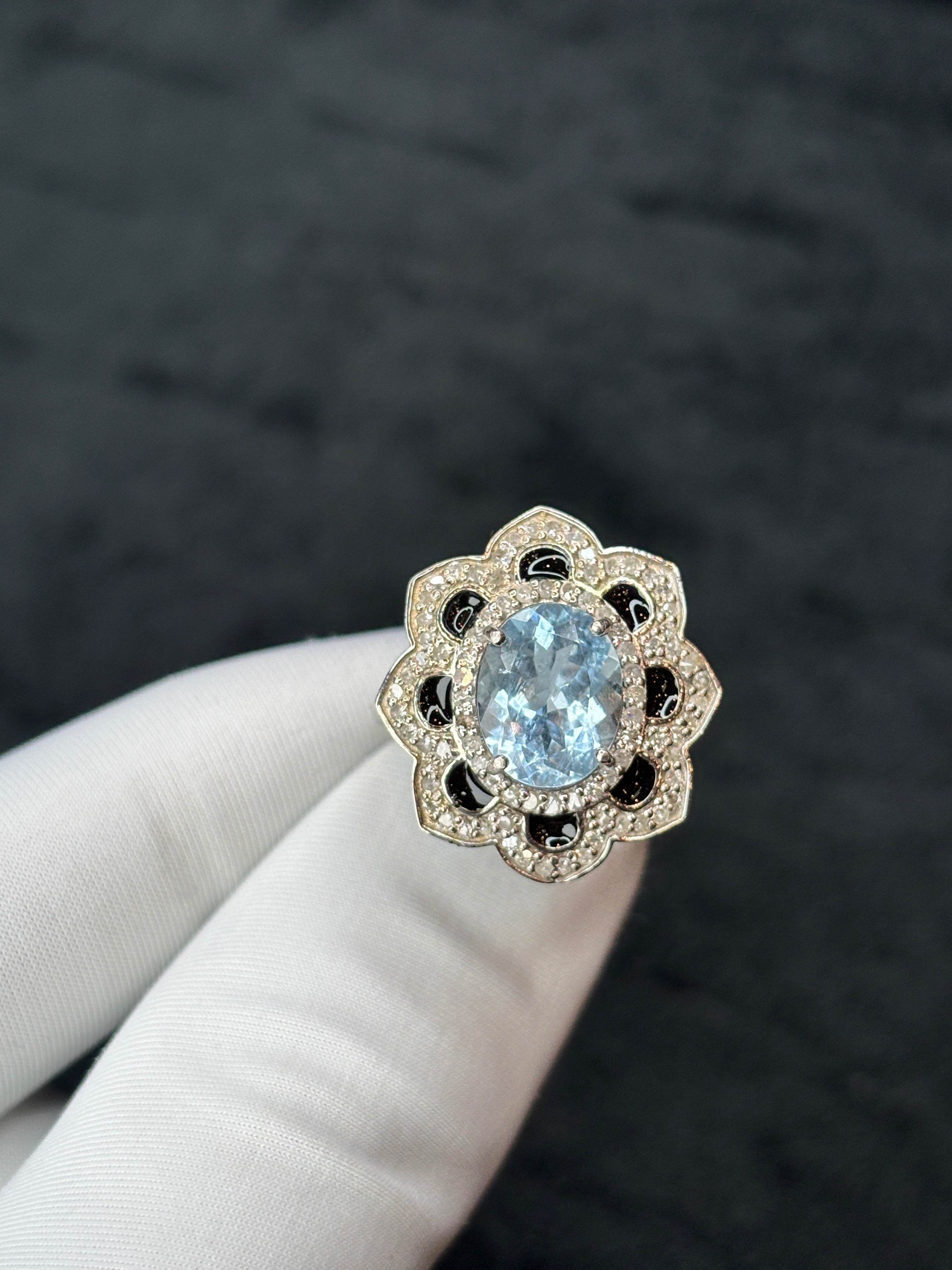 Oval Aquamarine, Black Enamel & Diamond Scalloped Ring