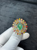 Oval Emerald & Multi-Color Sapphire Sunburst Diamond Ring