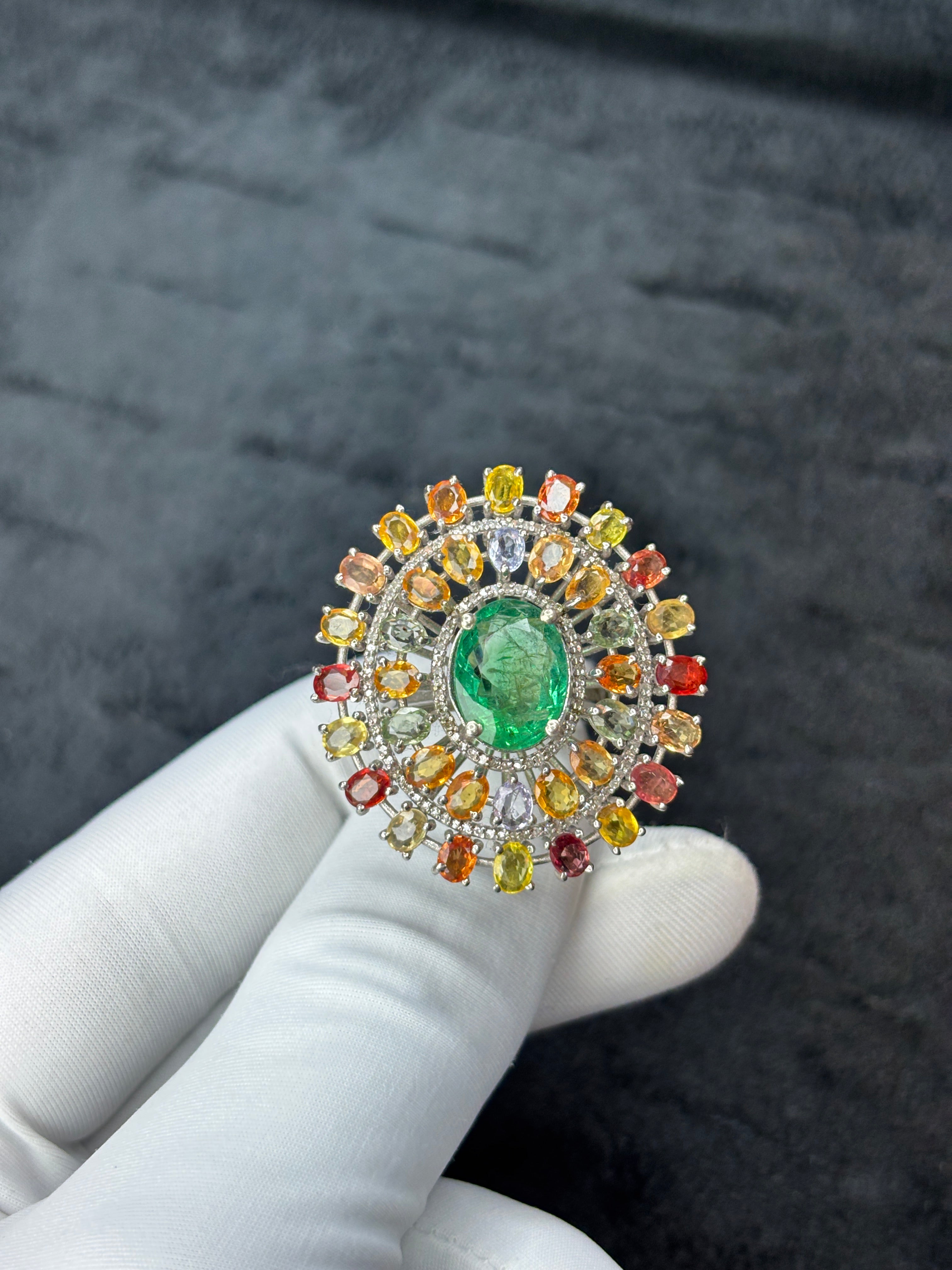 Oval Emerald & Multi-Color Sapphire Sunburst Diamond Ring