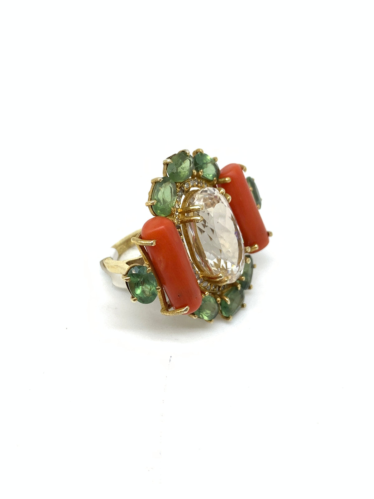 Natural Coral Apatite Kunzite Mixed Gemstone Diamond Ring | 925 Sterling Silver