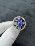 Tanzanite Cabochon, Tanzanite & Diamond Black Enamel Ring in 925 Sterling Silver | Handmade Art Deco Statement Ring