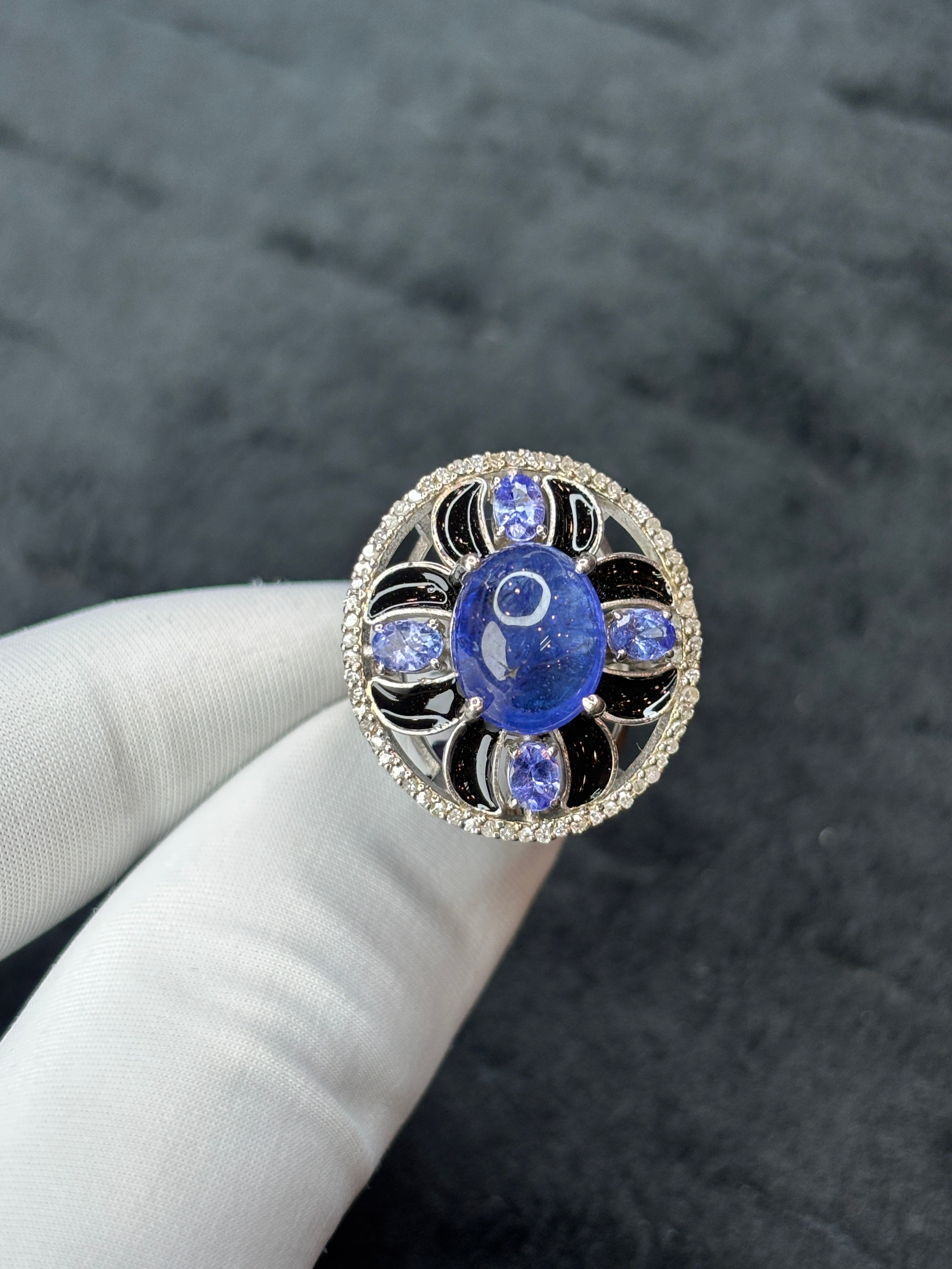 Tanzanite Cabochon, Tanzanite & Diamond Black Enamel Ring in 925 Sterling Silver | Handmade Art Deco Statement Ring