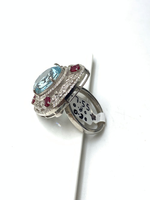 7.55 Ct Natural Aquamarine Statement Ring in 925 Sterling Silver with Ruby & Natural Diamond Halo