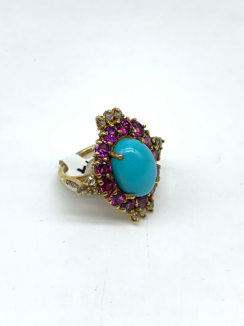 Natural Turquoise, Garnet & Diamond Ring in 925 Sterling Silver with Gold Polished