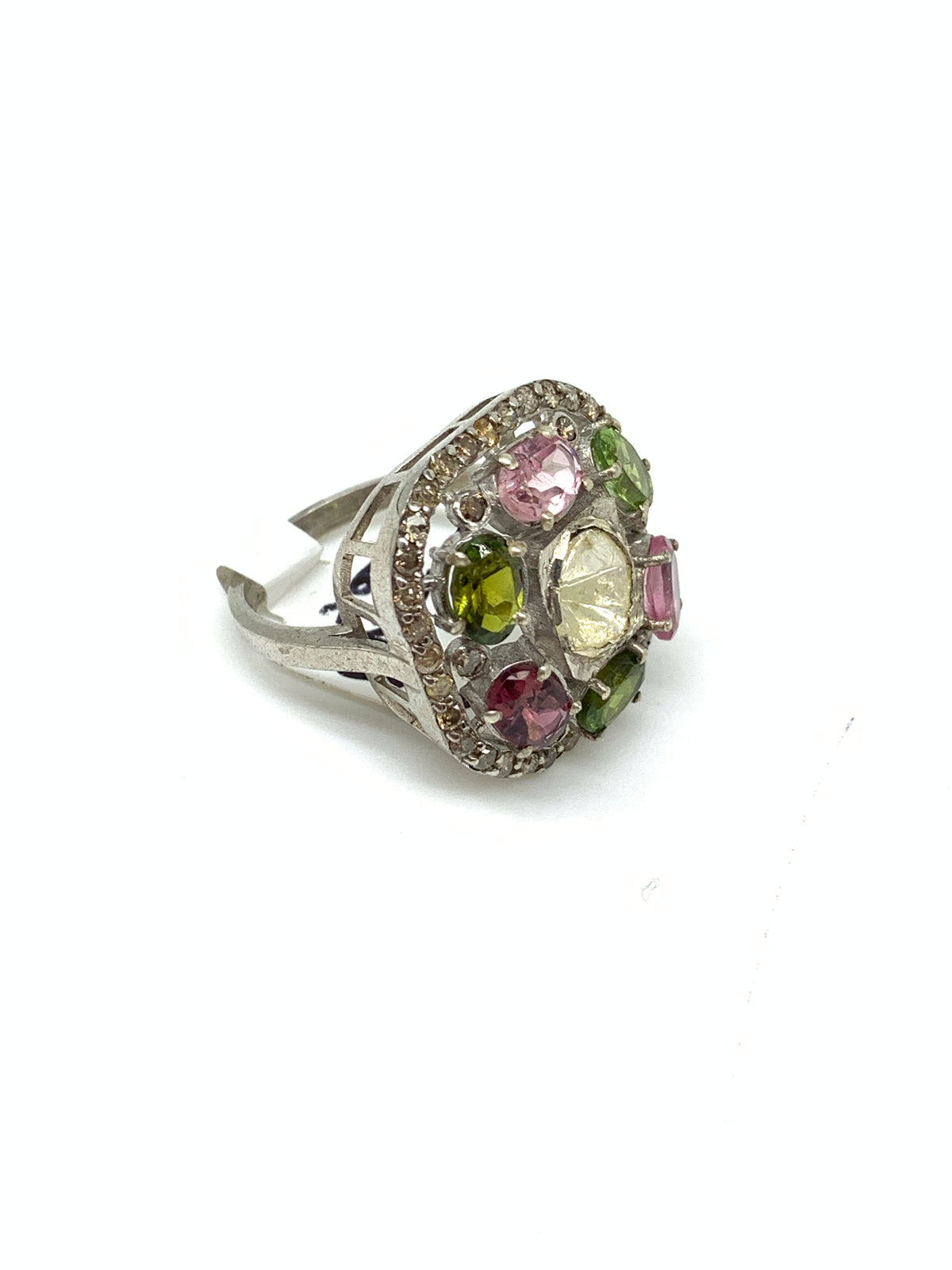 Natural Tourmaline Diamond Polki Ring in 925 Sterling Silver | Luxury Gemstone Jewellery
