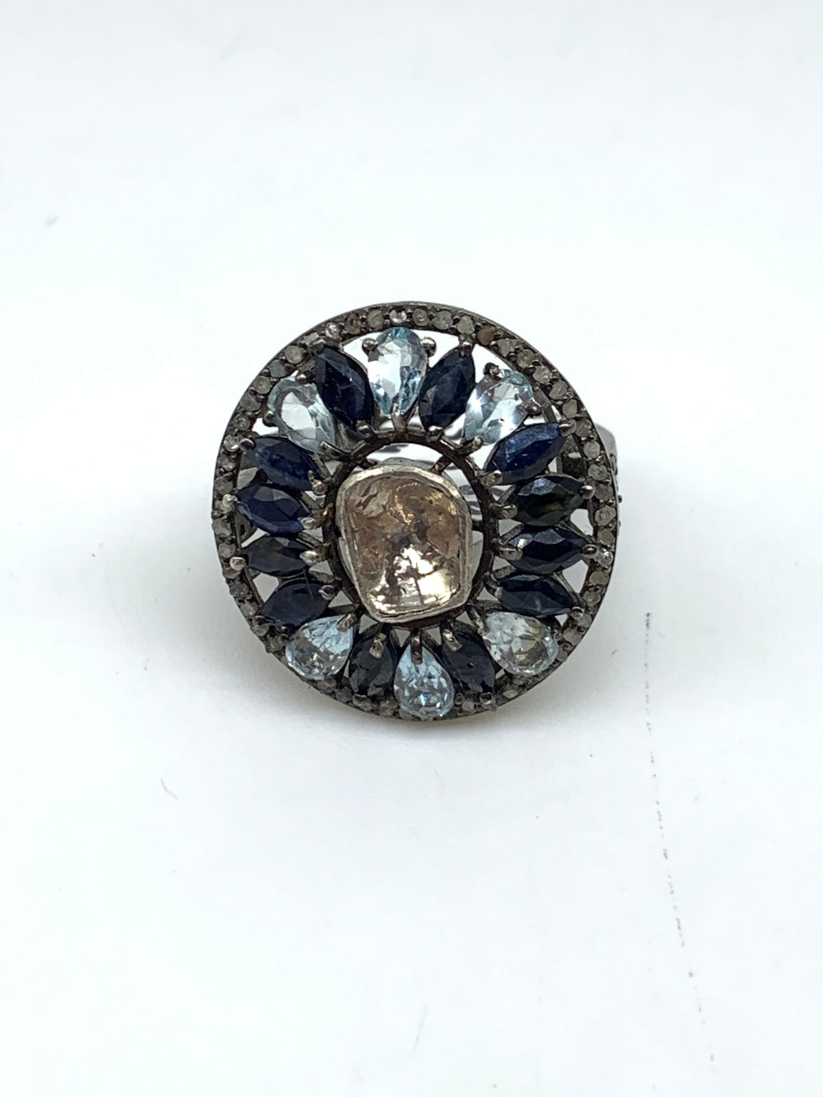 Diamond Polki, Blue Topaz or Blue Sapphire Ring in 925 Sterling Silver gemstone jewellery