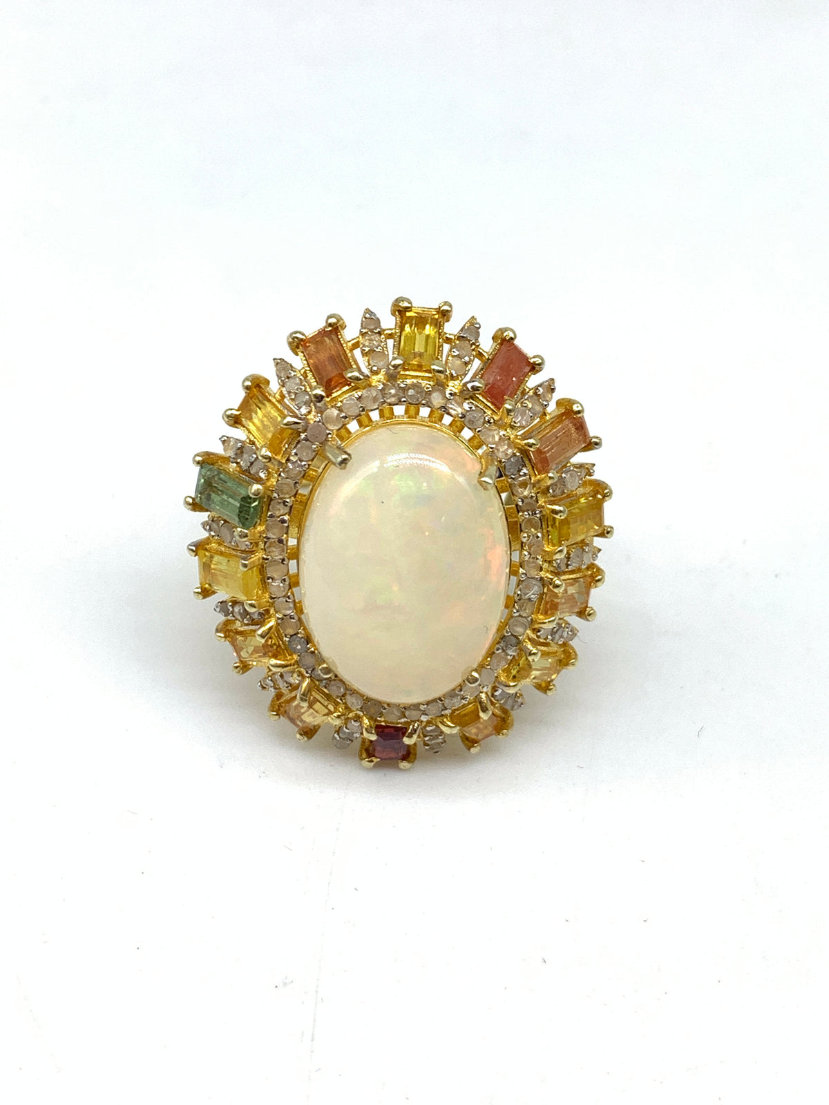 Natural Opal Multi Sapphire & Diamond Ring in 925 Sterling Silver | Luxury Gold Polished Gemstone Ring