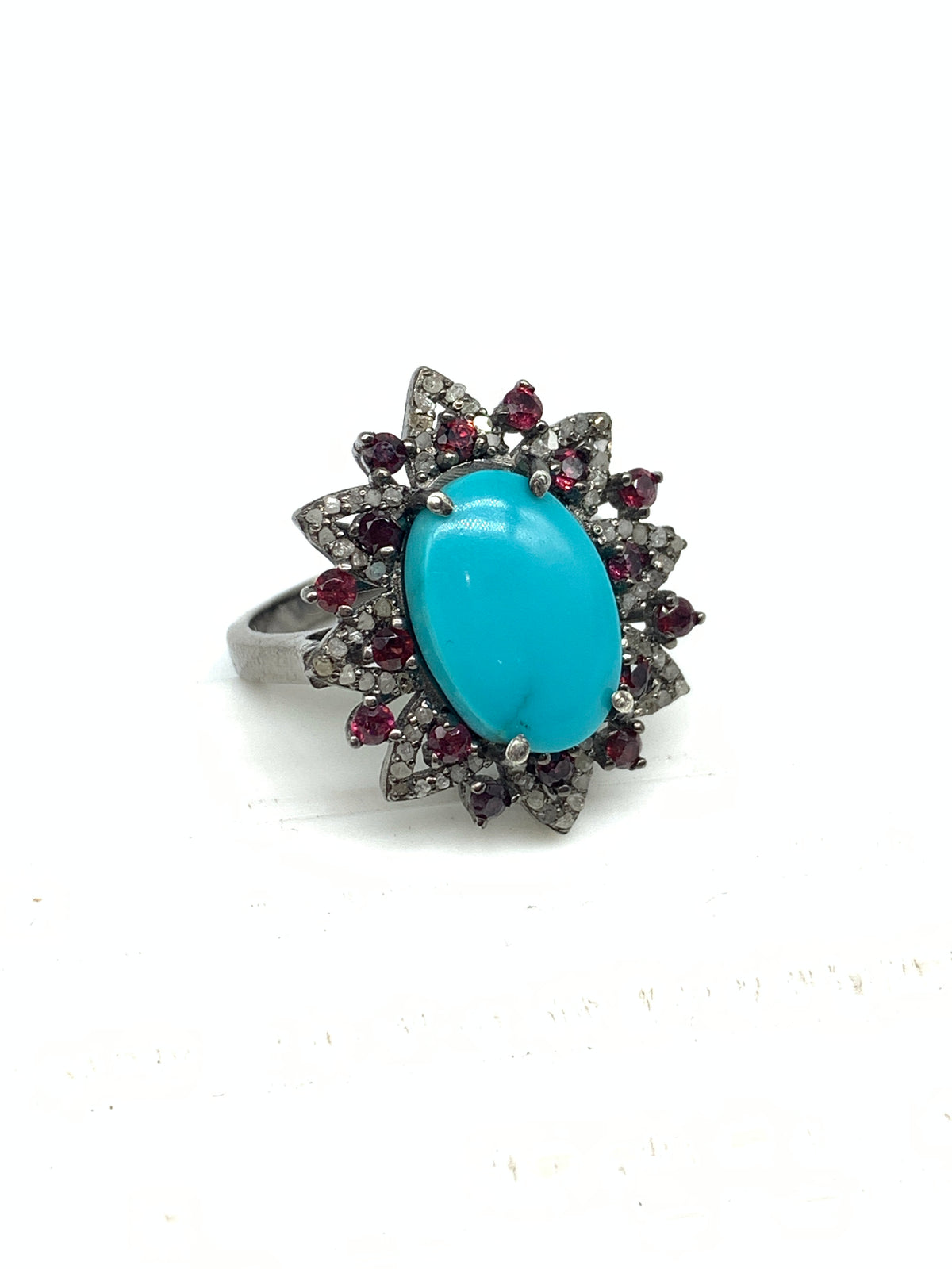 Natural Turquoise & Diamond Ring in 925 Sterling Silver | Handmade Gemstone Jewelry