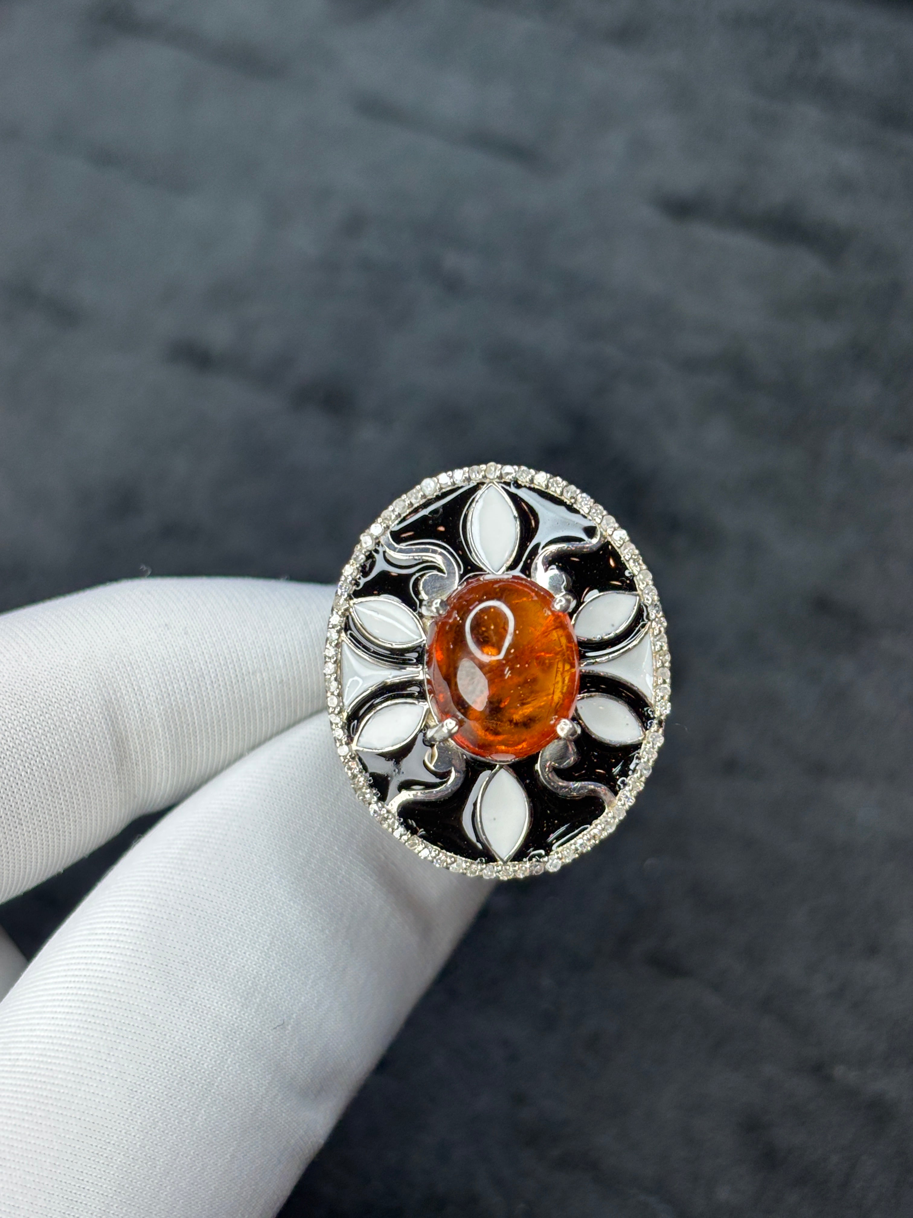 Handcrafted Spessartite Garnet Ring (6.30 Ct) – Natural Diamond Halo & Monochrome Enamel Art in Fine Silver