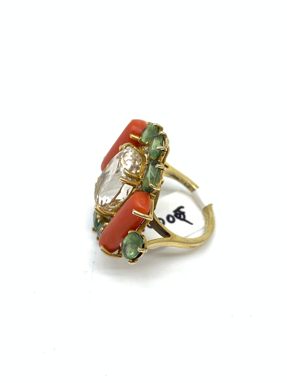 Natural Coral Apatite Kunzite Mixed Gemstone Diamond Ring | 925 Sterling Silver