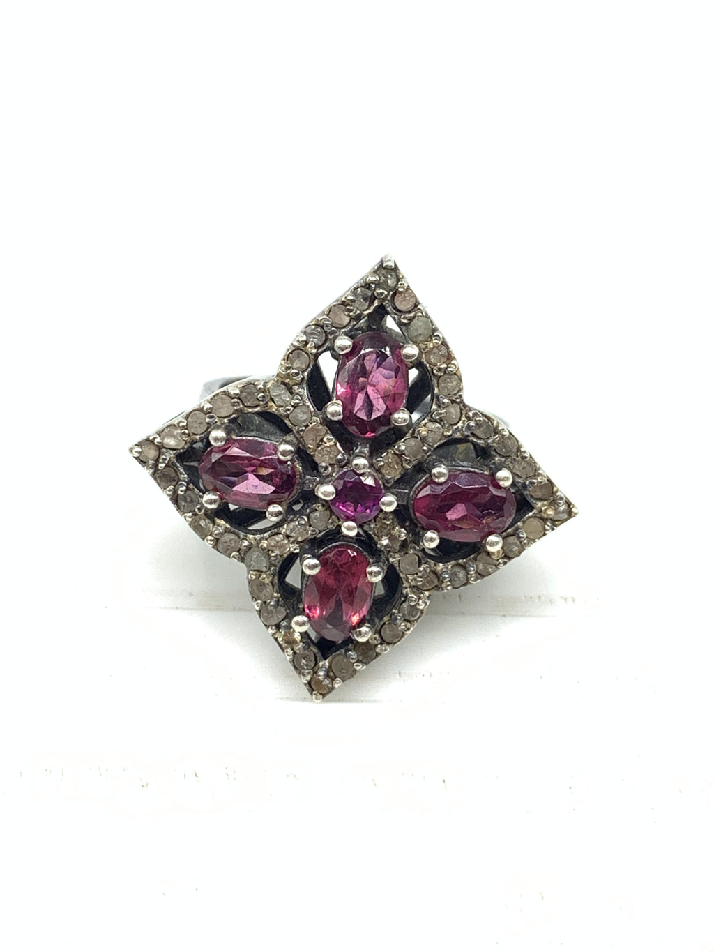 Natural Garnet & Diamond Ring in 925 Sterling Silver | Handmade Gemstone Jewellery