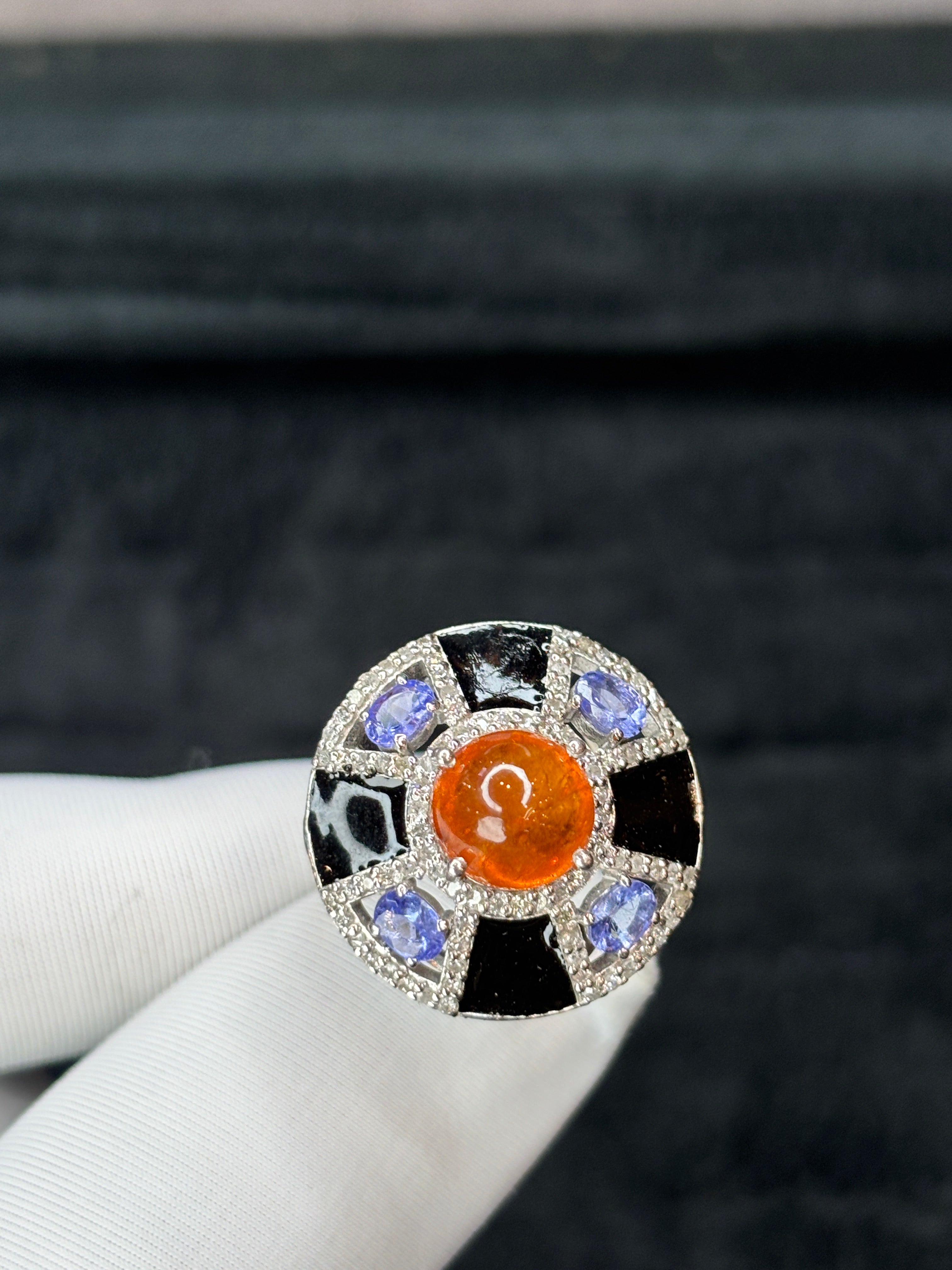 Spessartite Garnet & Tanzanite Vintage Statement Ring with Diamonds