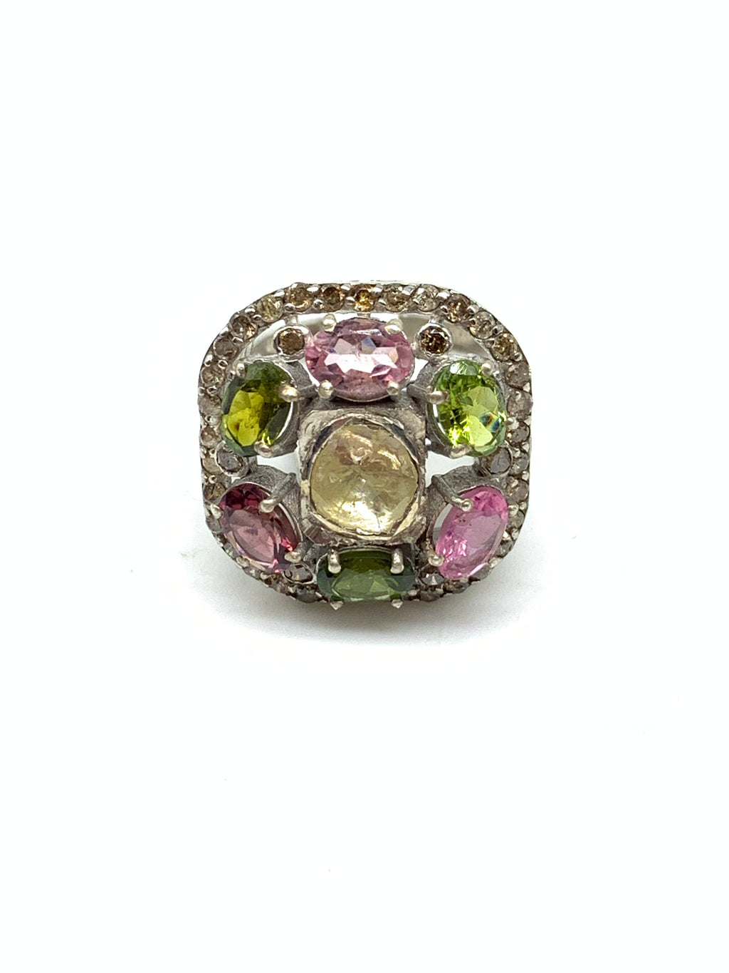 Natural Tourmaline Diamond Polki Ring in 925 Sterling Silver | Luxury Gemstone Jewellery
